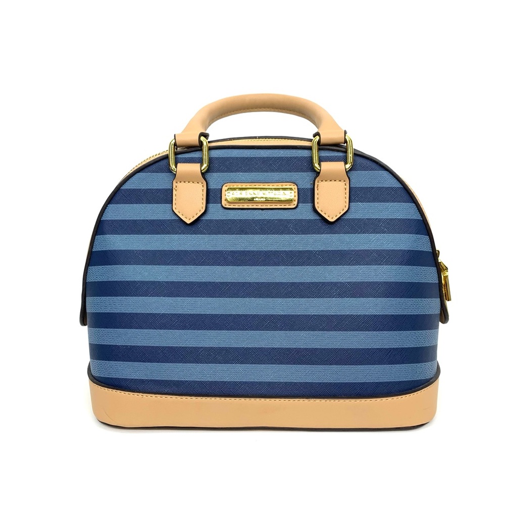 Adrienne Vittadini Coastal Striped Blue & Tan Domed Satchel Hand Bag Nautical